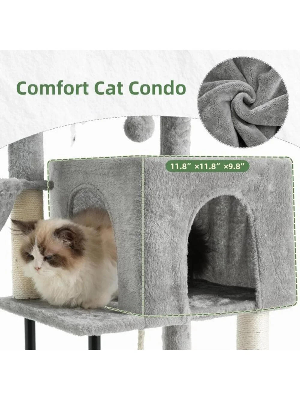 Cozy 43.3'' Cat Tree Tower with Hammock, Scratching Post & Large Platform, Light